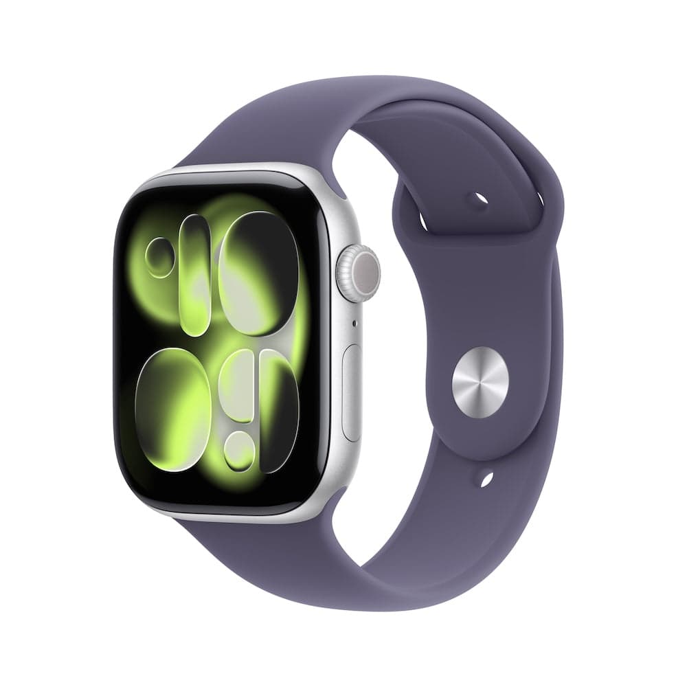 Apple Watch Series 11 GPS 42mm stříbrné hliníkové pouzdro s mlžně fialovým sportovním řemínkem - S/M